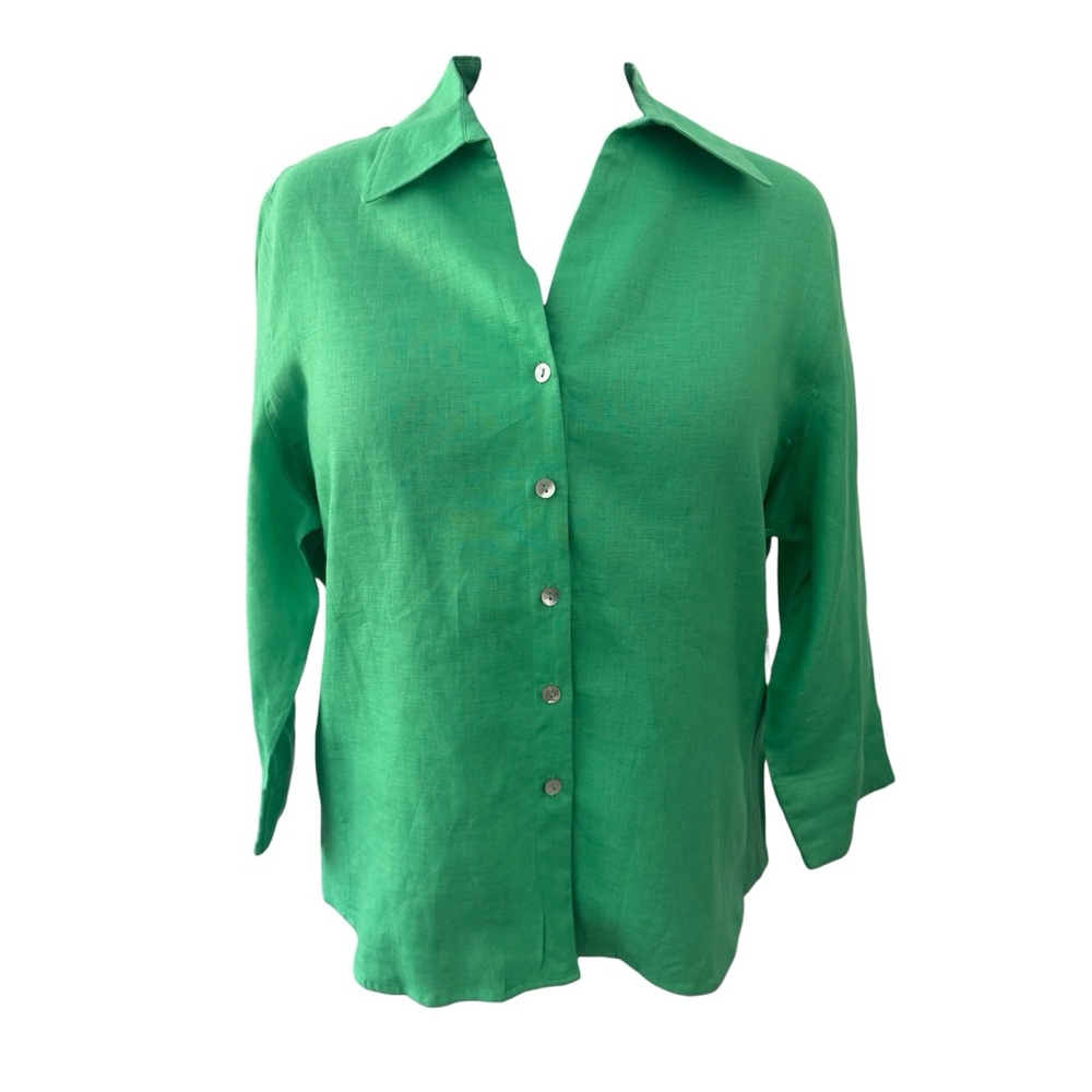 David N Green Linen Collard Blouse 3/4 sleeve, mother of pearl buttons Sz: XL